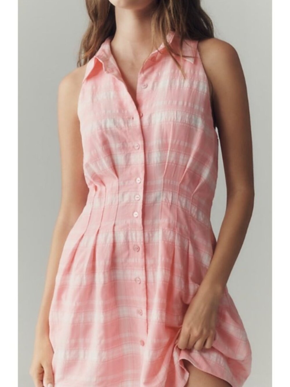 NEW Anthropologie Exquise Tobie Texture Pink Gingham Shirt Dress Sleeveless